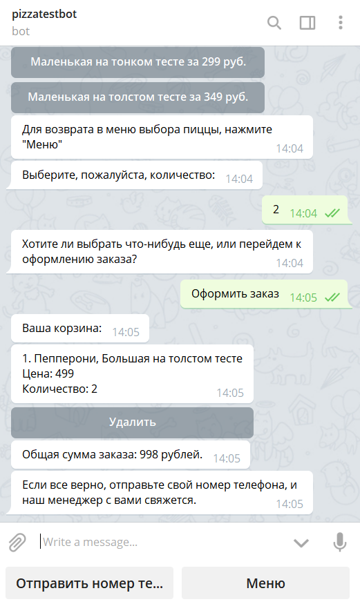 Telegram канал: цена и параметры пиццы