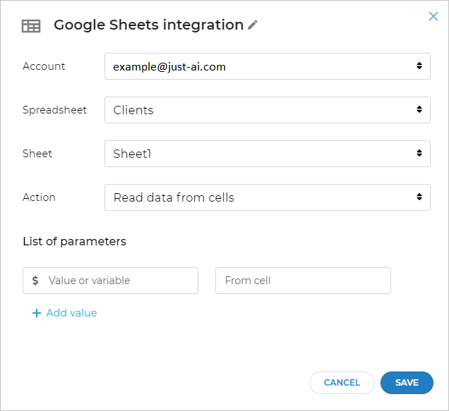 Parameters of Google Sheets integration block