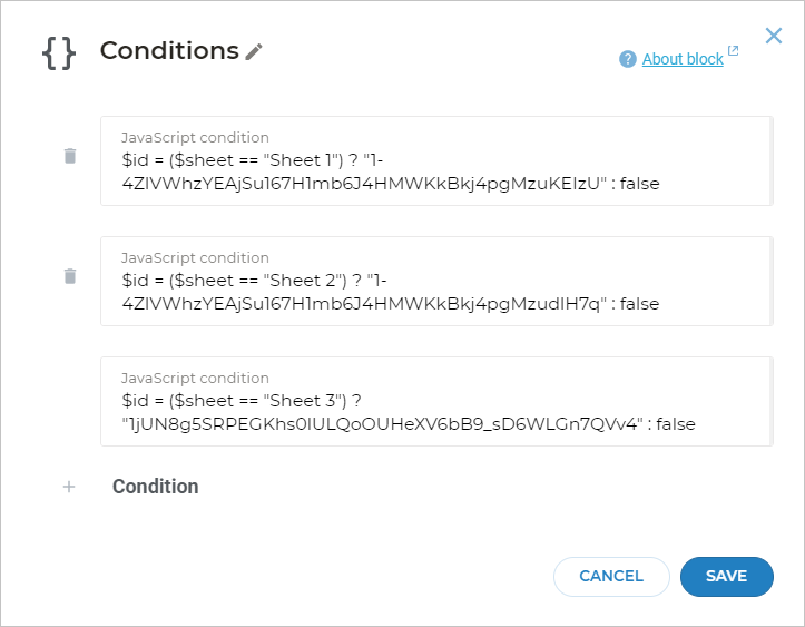 Conditions block settings