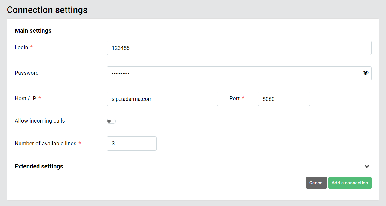 SIP connection settings