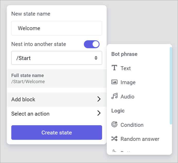 State creation menu