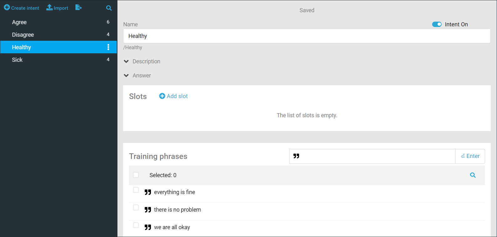 Training phrases for the `/Healthy` intent